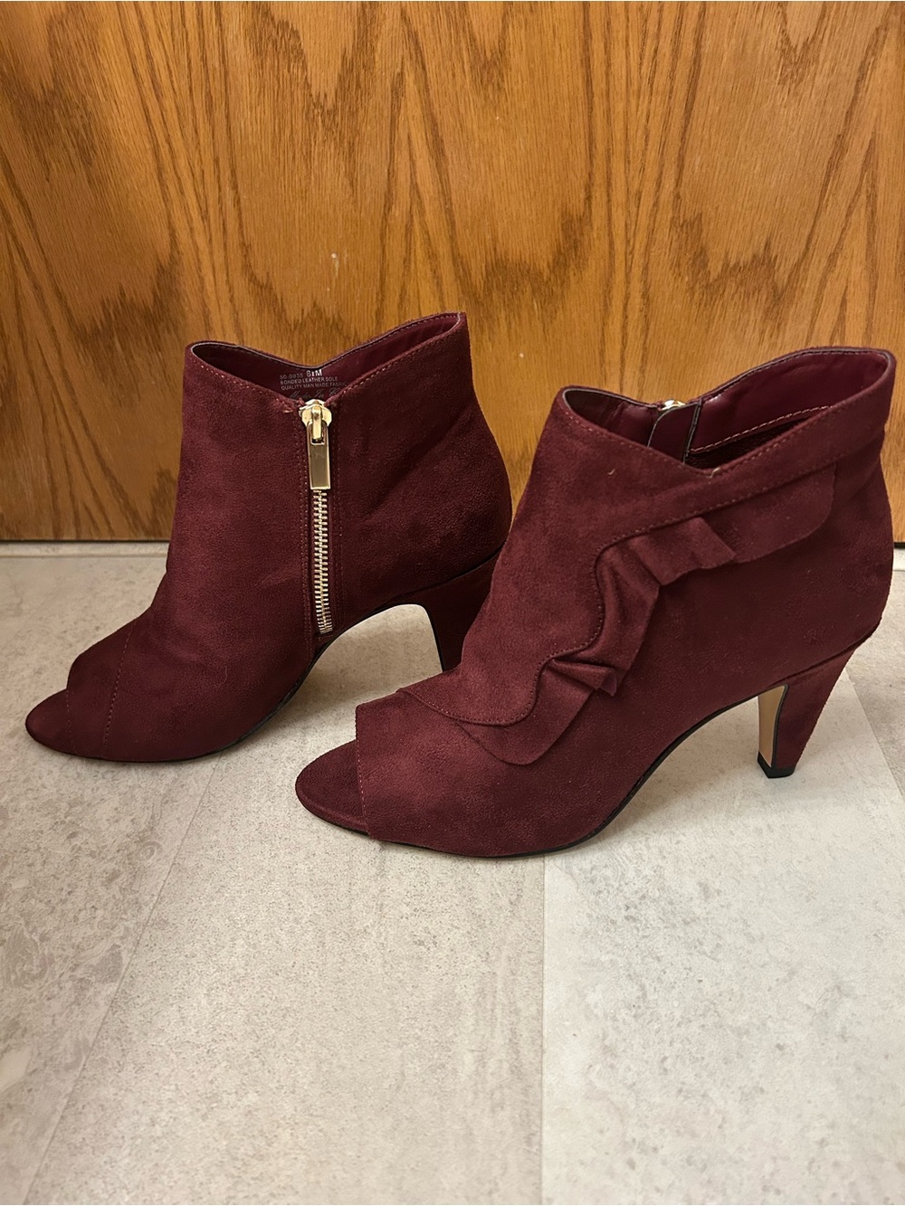 Bella Vita Burgundy Suede Ruffle Peep-Toe Ankle Boots